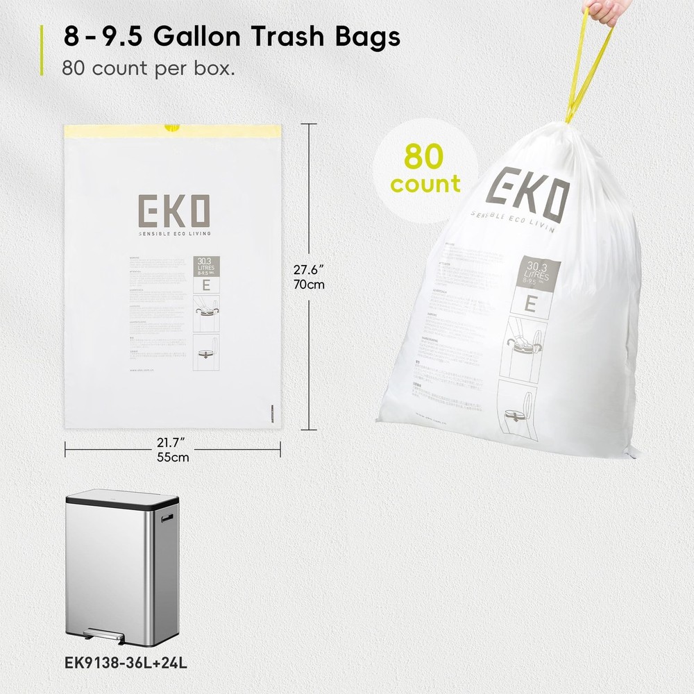 EKO Easy-Dispense Roll 80 Count Extra-Strong Drawstring Tall Kitchen Trash Ba...