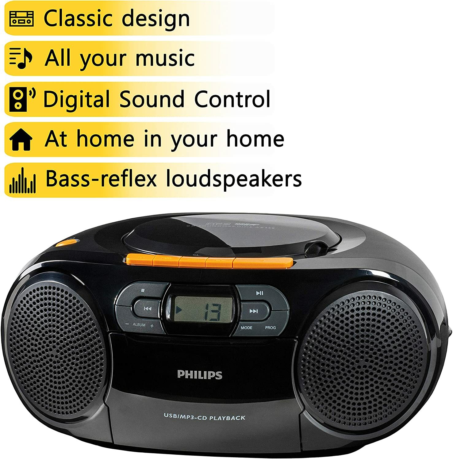 PHILIPS CD Player Cassette Player Stereo Portable Boombox USB FM Radio MP3 Tape