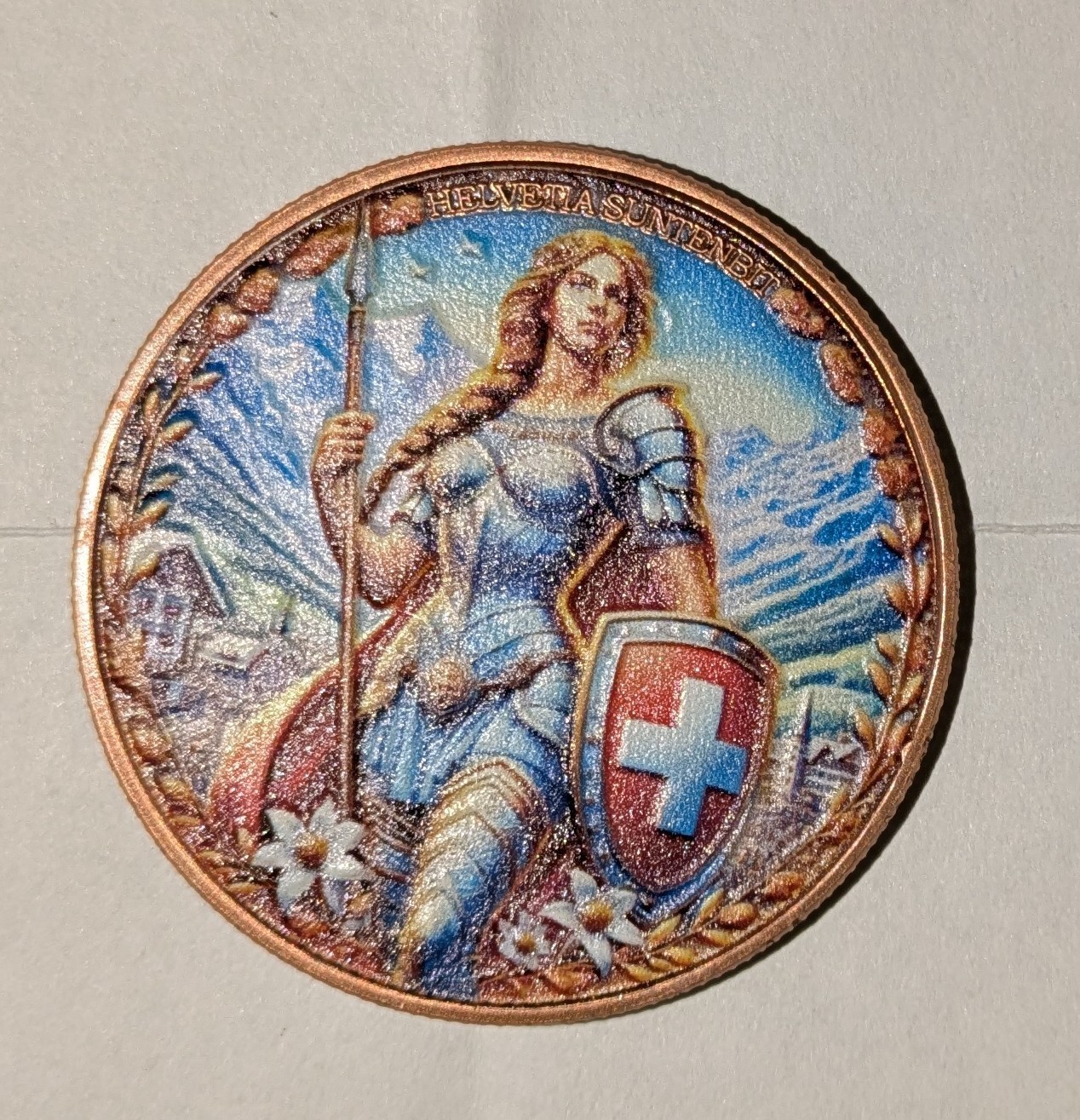 1oz Swiss Helvetia Suntenbit colorized .999 Copper Round (mintage 50,000)
