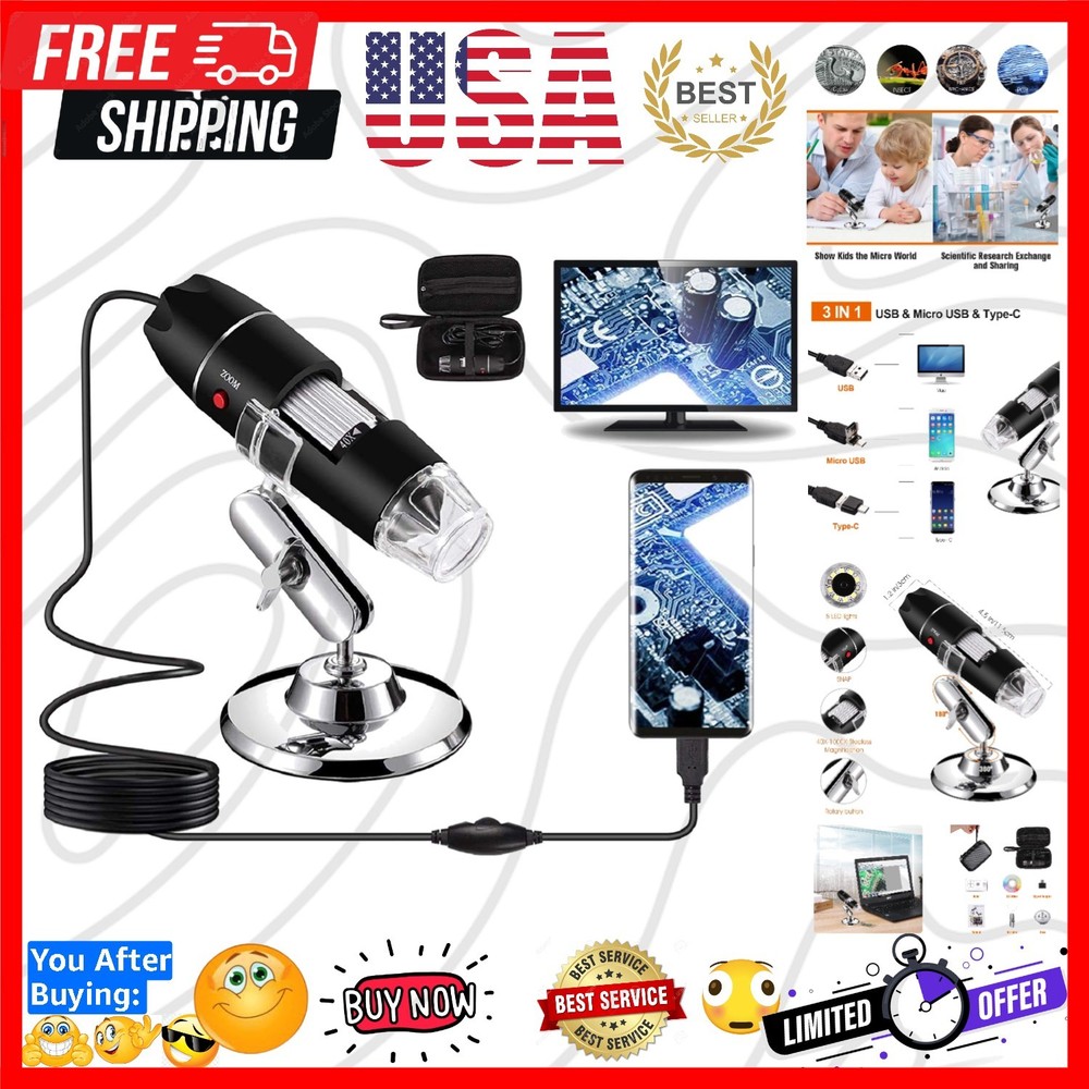 USB Digital Microscope 40X to 1000X, 8 LED Magnification Endoscope Camera wit...
