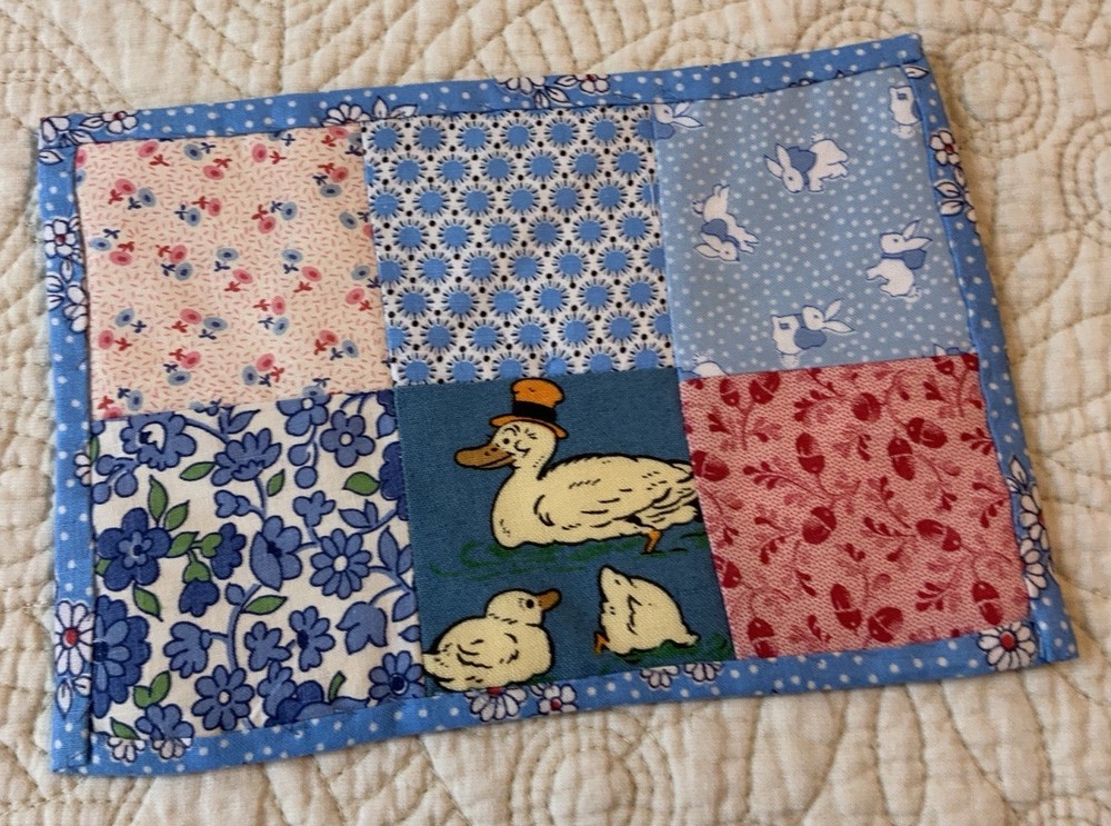 Vintage Patchwork Quilt Small Table Topper, Four Patch, Florals, Calicos
