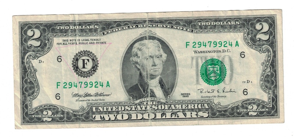 1995 $2 TWO DOLLARS BILL/SELLING ONE SINGLE NOTE.