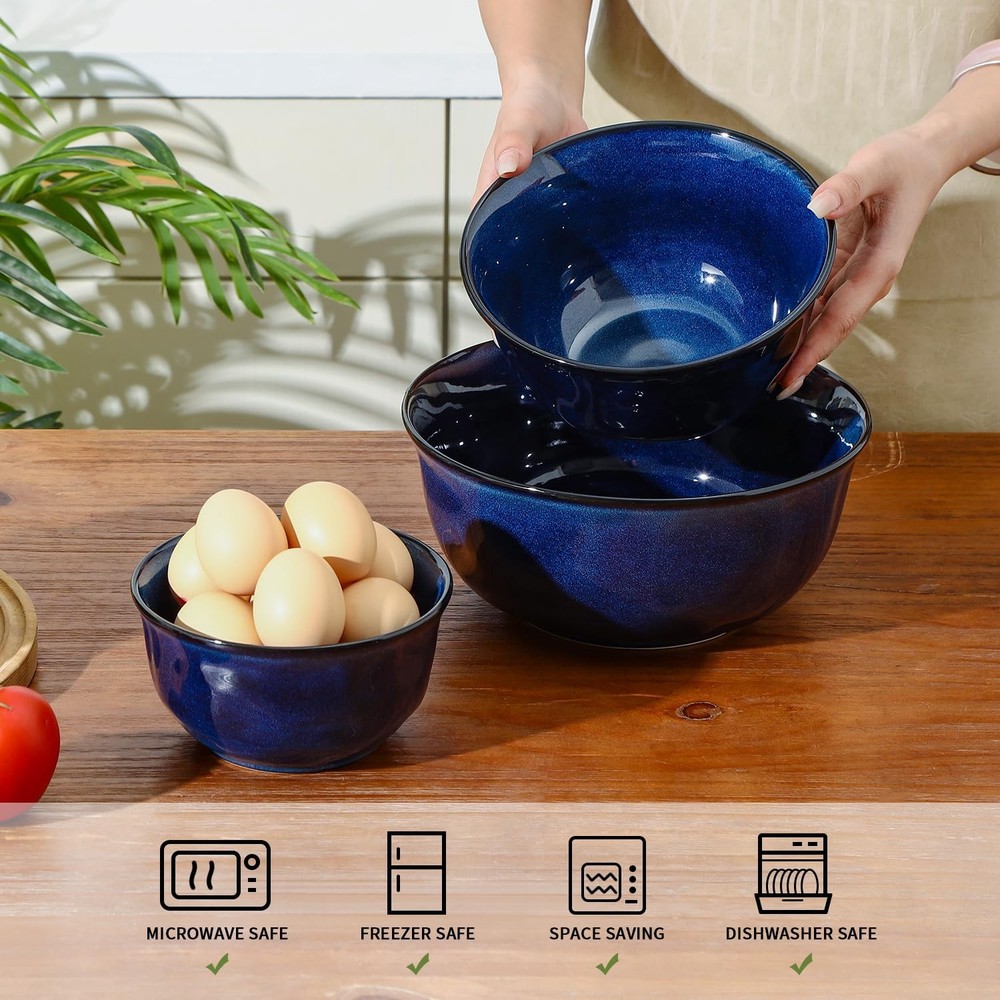 vicrays Ceramic Mixing Serving Bowl Set: Nesting Stoneware Kitchen Decorative La