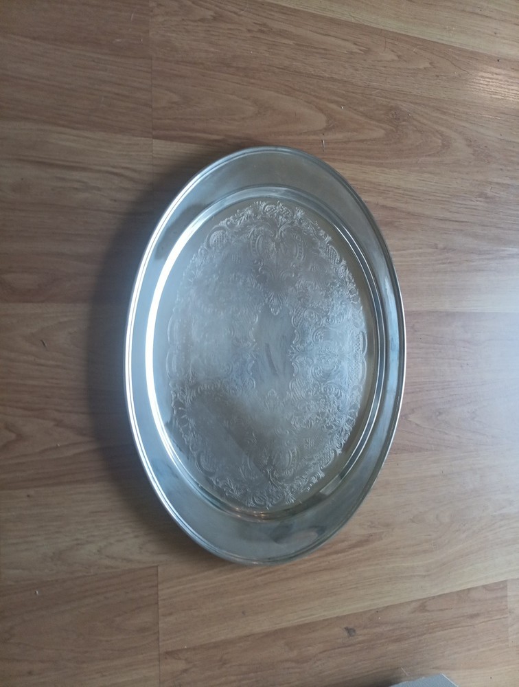 VTG 19.5" LEONARD SILVER PLATED Oval Serving Tray Platter Etched  New From Italy