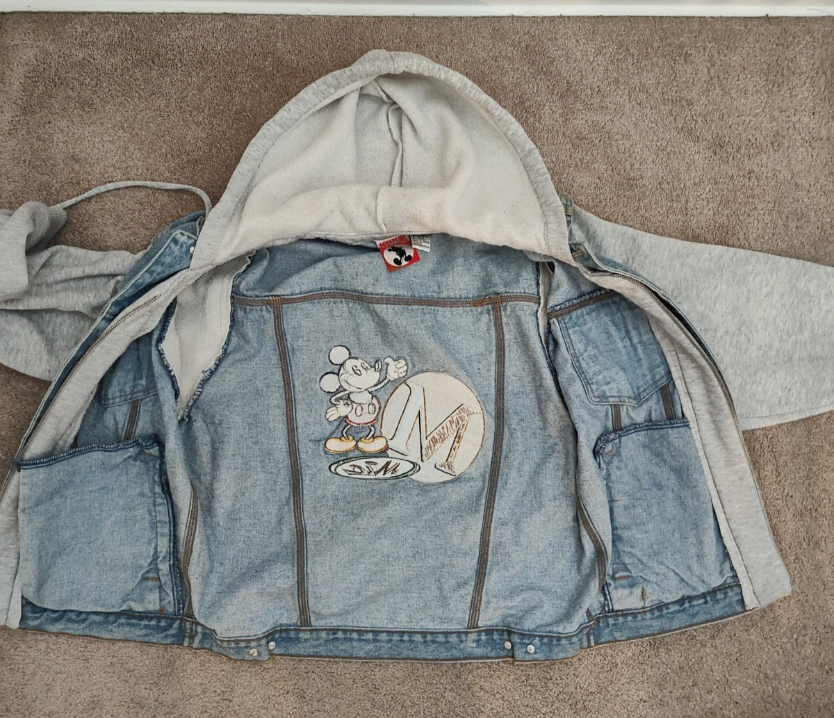 Disney Mickey Inc Jacket Small Denim Hoodie Trucker Embroidered Mouse VTG 90s