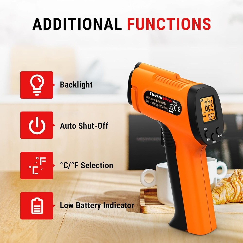 Versatile TP30 Laser Temperature Gun - Adjustable Emissivity - Instant Readings
