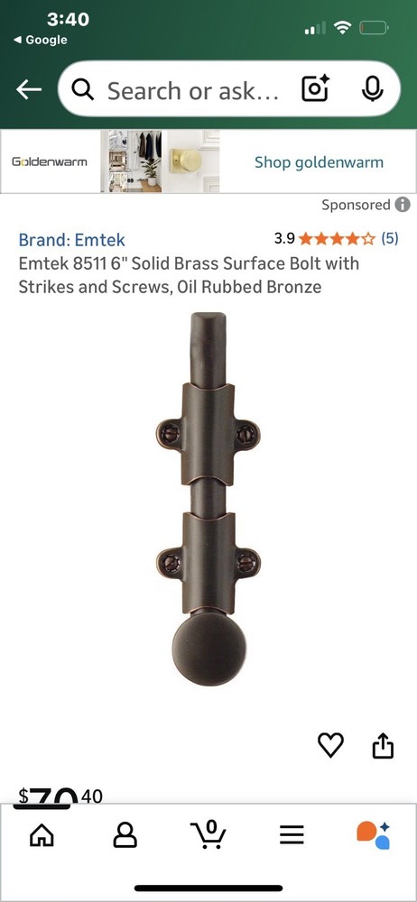Emtek 6” Surface Bolt W Strike Plates And Hardware Included