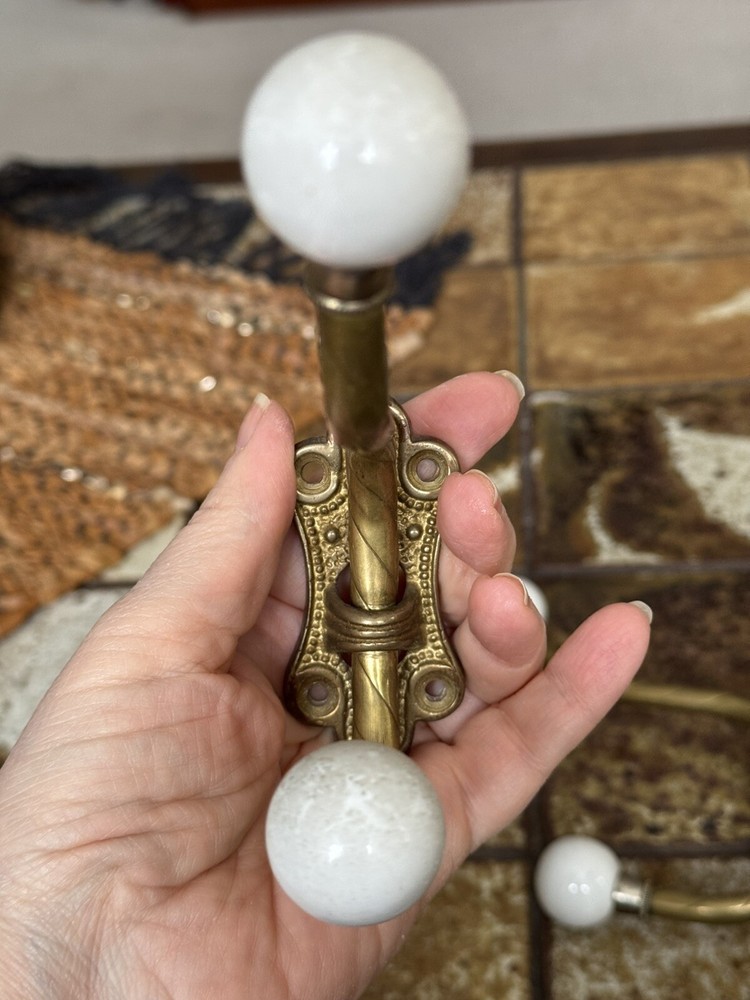 Vintage Large Brass Wall Double Hooks Porcelain Knobs Victorian Style