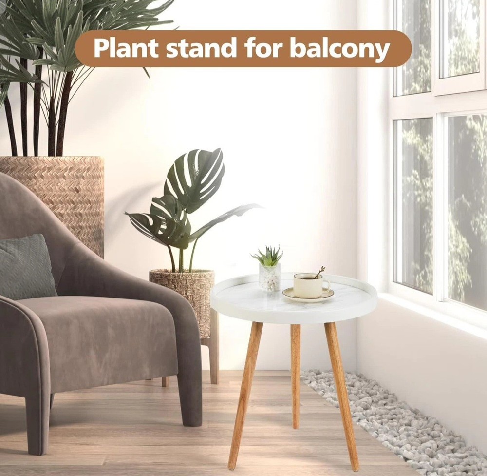 Round Side Table Set of 2,White Marble Pattern Tray Shaped Small End Table,Ci...