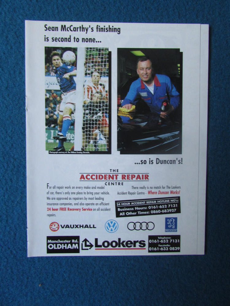 OLDHAM ATHLETIC SEAN McCARTHY Accident Repair Centre Leaflet 1995