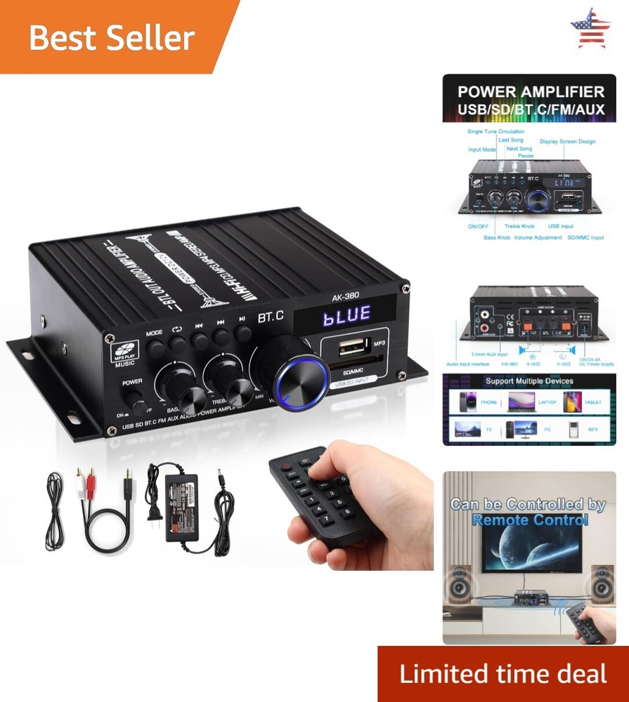 Compact Bluetooth Amplifier with Remote Control - Supports Bluetooth/USB/AUX/RCA