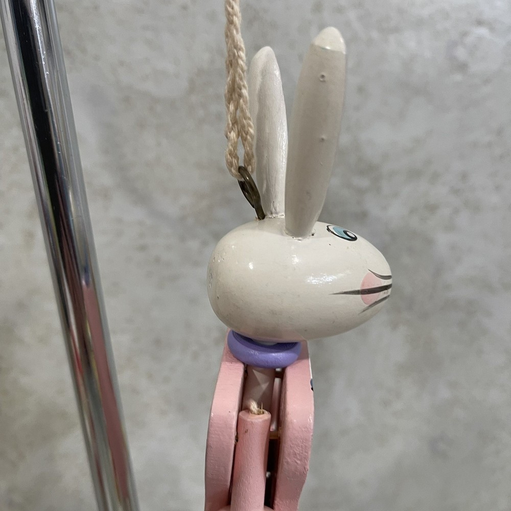 Vintage Wooden Easter Rabbit Bunny Pull-String Toy Jumping Puppet 7.5” H