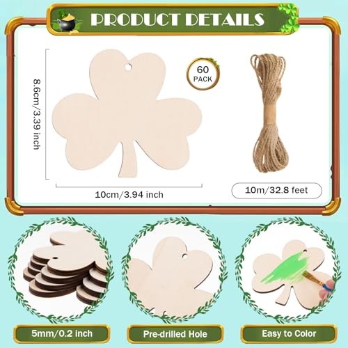 60 Pcs Unfinished Shamrock Wooden Ornaments Wooden St. Patrick's Day Cutouts