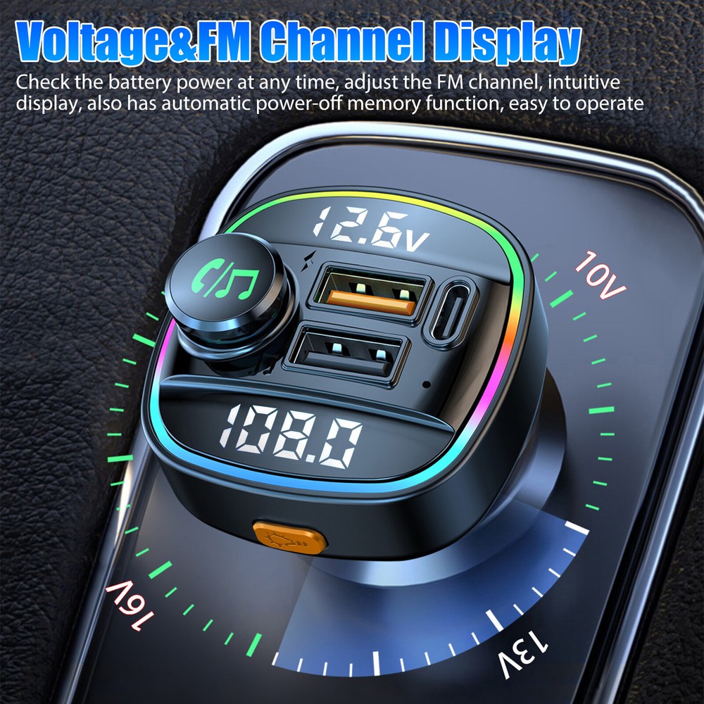 Bluetooth 5.0 Car Wireless FM Transmitter Adapter USB PD Charger AUX Hands-Free
