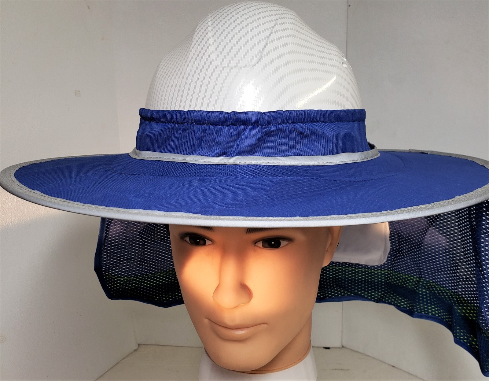 BLUE Hard Hat Sun Shade Visor Full Brim Mesh Neck HI VIS REFLECTIVE STRIPE