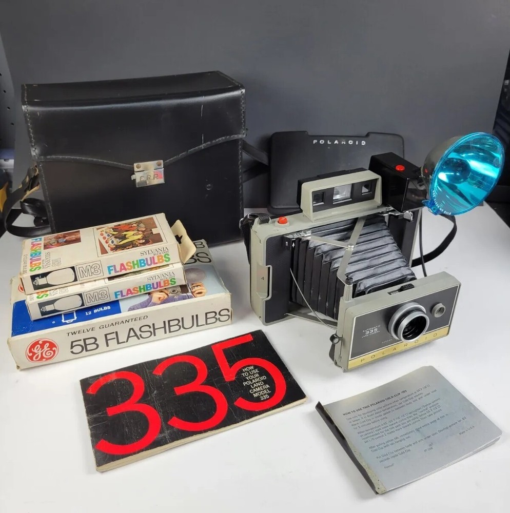 Polaroid Automatic 335 Land Camera W/ Case, Flash & Extras VINTAGE CLEAN!