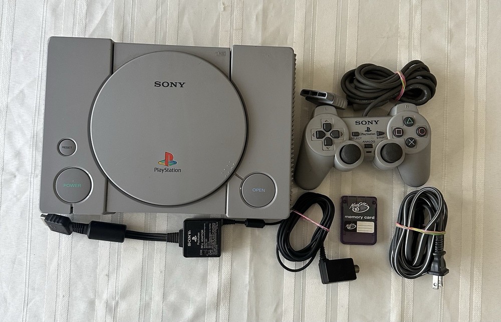 Sony PlayStation 1 Console, RFU Adapter Controller, Power Cable, Memory Card