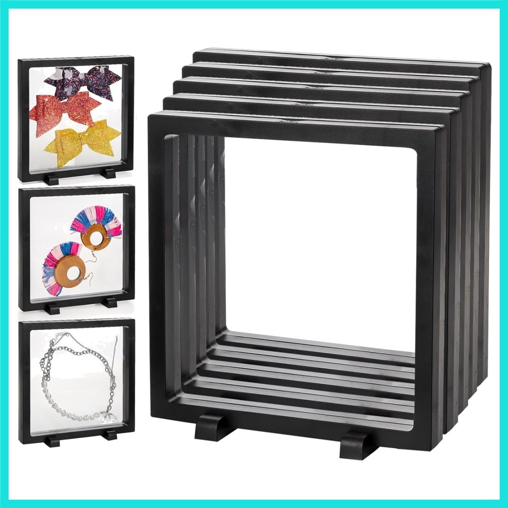 8 Pack Large 3D Floating Display Case, 6" Black Rock Display Frames with Stan...