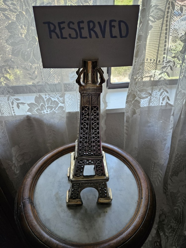 Metal Eiffel Tower "Reserved" Table Seating Tower. Silver Tone 14" High.
