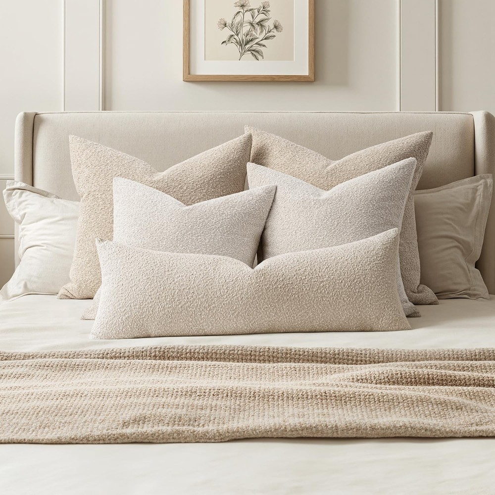 Textured Boucle Throw Pillow Cover Beige Accent Solid Lumbar Pillow Case Deco...