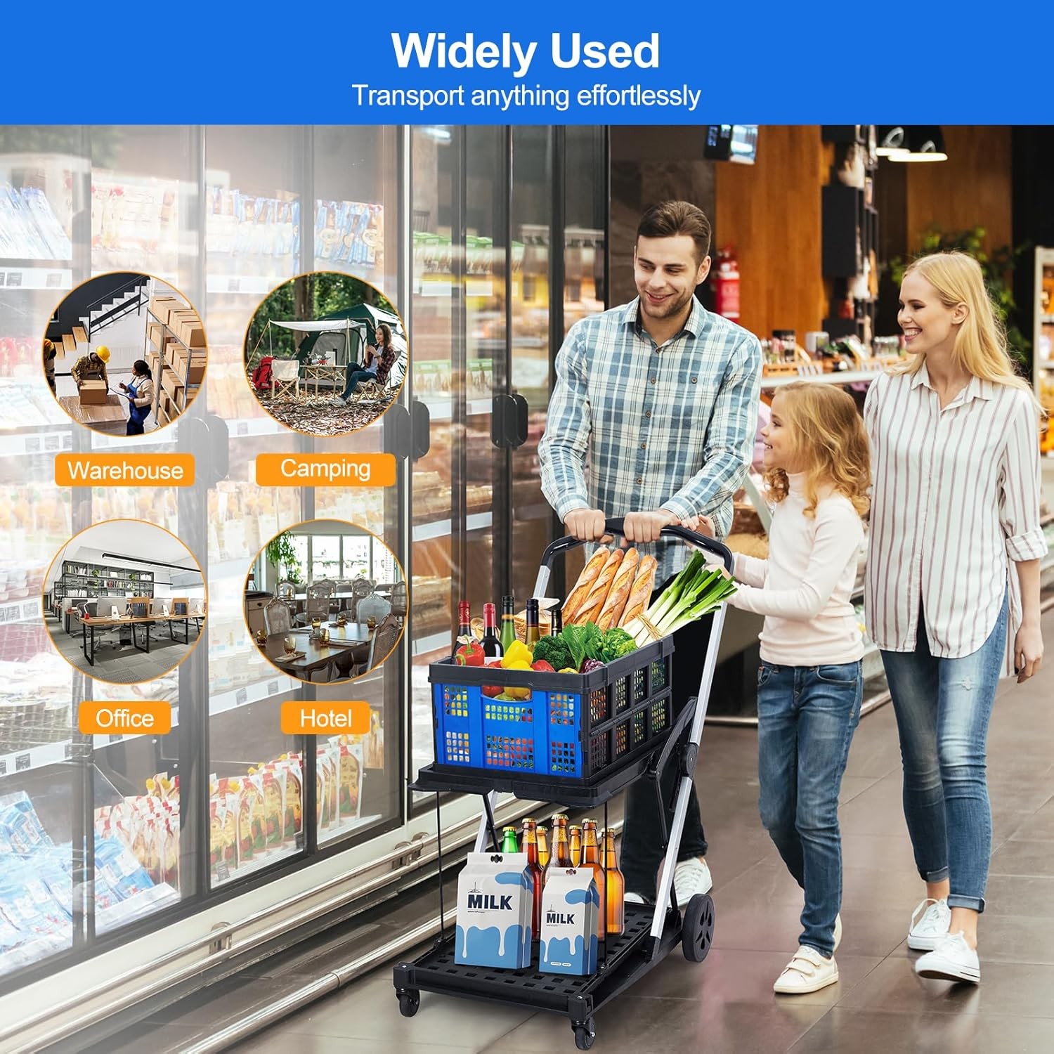 Collapsible Shopping Cart with Wheels & Removable Storage Crate for Supermarket