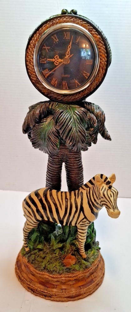 Zebra clock resin sculptured under palm trees 15"Ht. Functioning  Clock