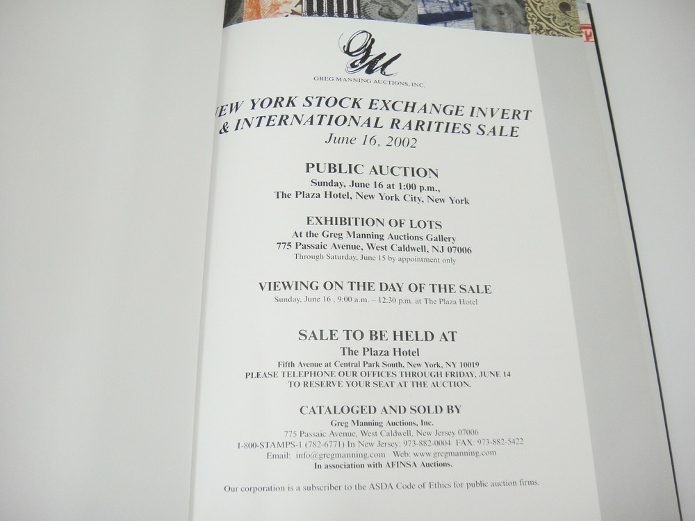 New York Stock Exchange Invert Greg Manning Stamp Auction Catalog June 2002 HBDJ