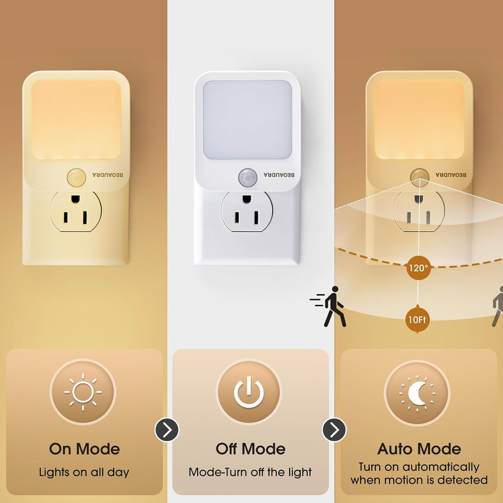 Plug-In Motion Sensor Lights with Adjustable Brightness, Warm White Motion Activ