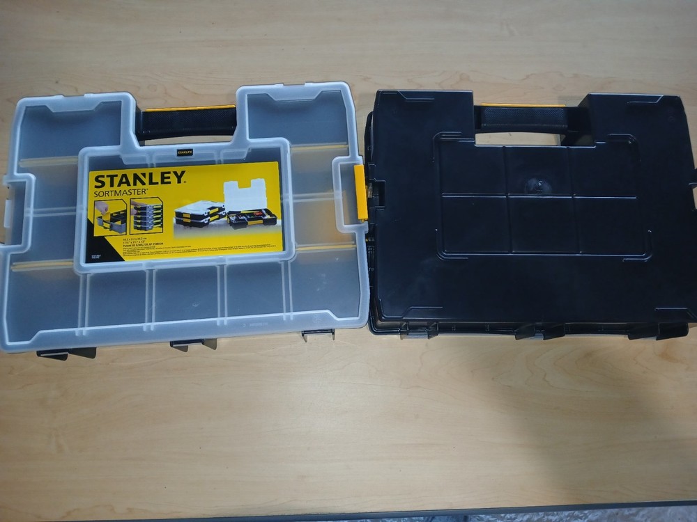8 Stanley SortMaster Stackable Tool Boxes, Organizer Trays, Black/Yellow/Gray