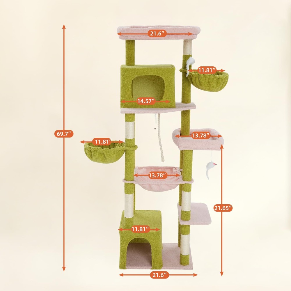 69.7-inch (177cm) Multi-Level Cat Tree with 2 Perches, 2 Condos, 2 Hammocks, ...