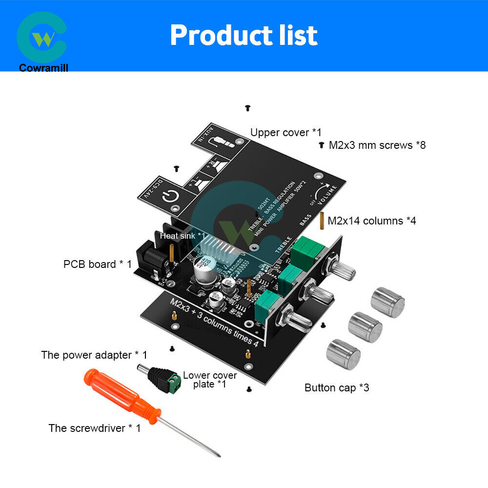 ZK-502MT 50W*2 Bluetooth 5.2 Audio Amplifier Board Module Tone Adjustable DIY