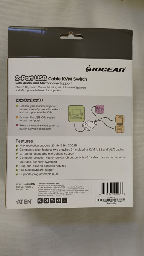 IOGEAR 2-Port USB Cable KVM Switch with Audio & Microphone Support GCS72U