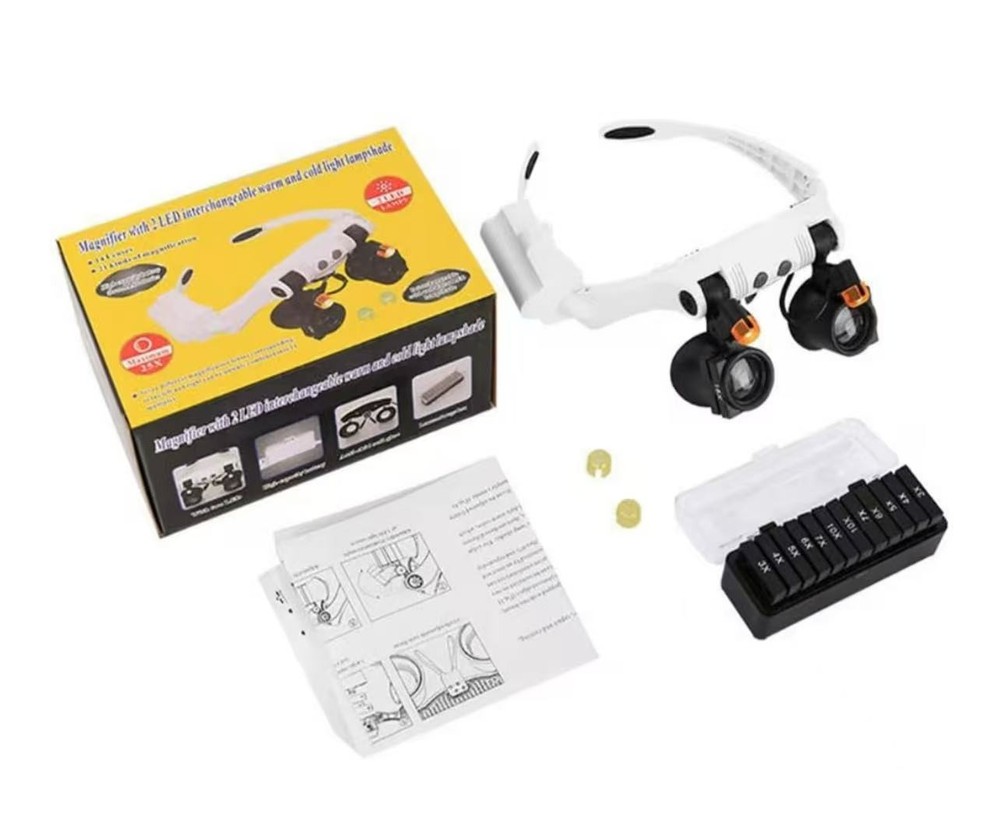 Magnifying Headset with 2 LED, 10 Interchangeable Lenses (3X–25X)