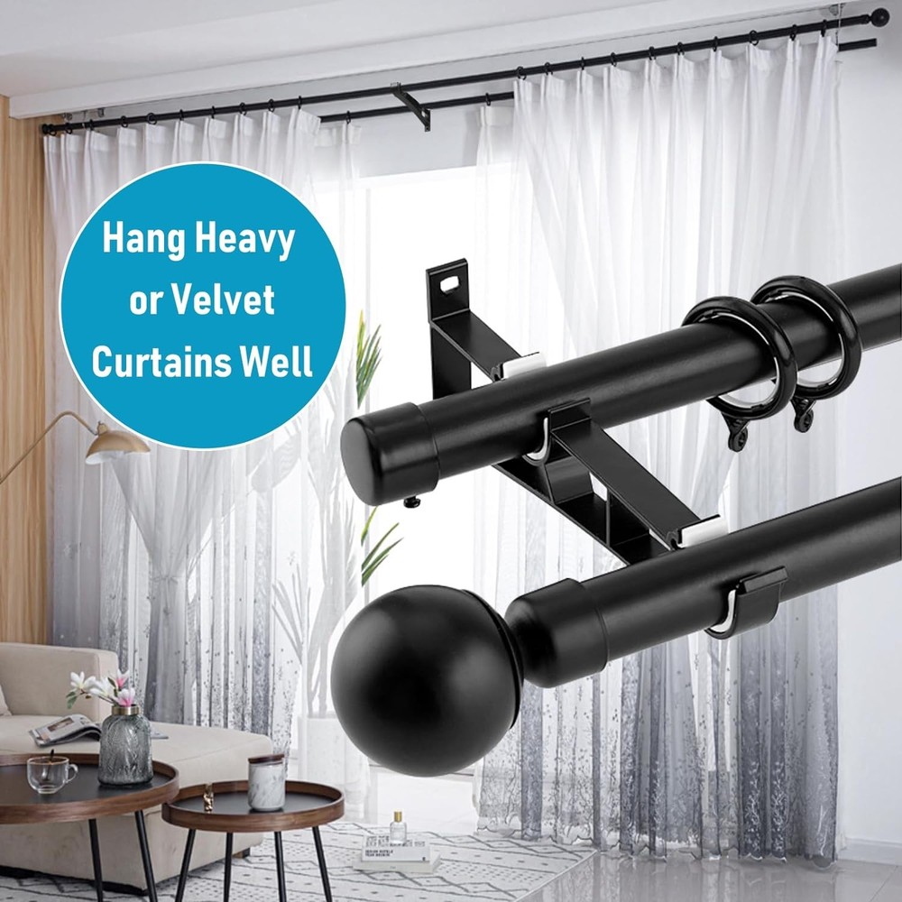 Curtain Rod Brackets, Double Bracket, Heavy Duty 3 Pack, Black