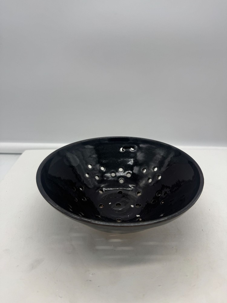 Studio Art Pottery Berry Strainer Colander Black Speckled Signed