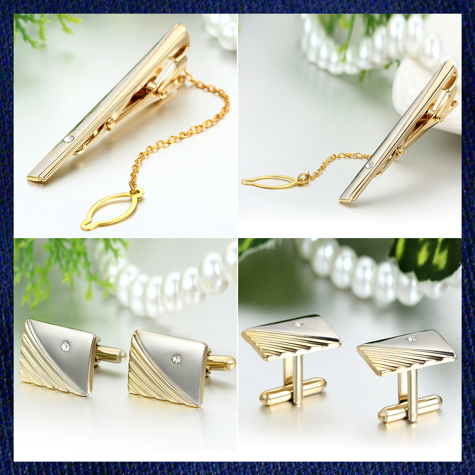 Polished Gold Tone Metal CZ Cufflinks Tie Bar Clasp Clip Set Men's Modish Gift
