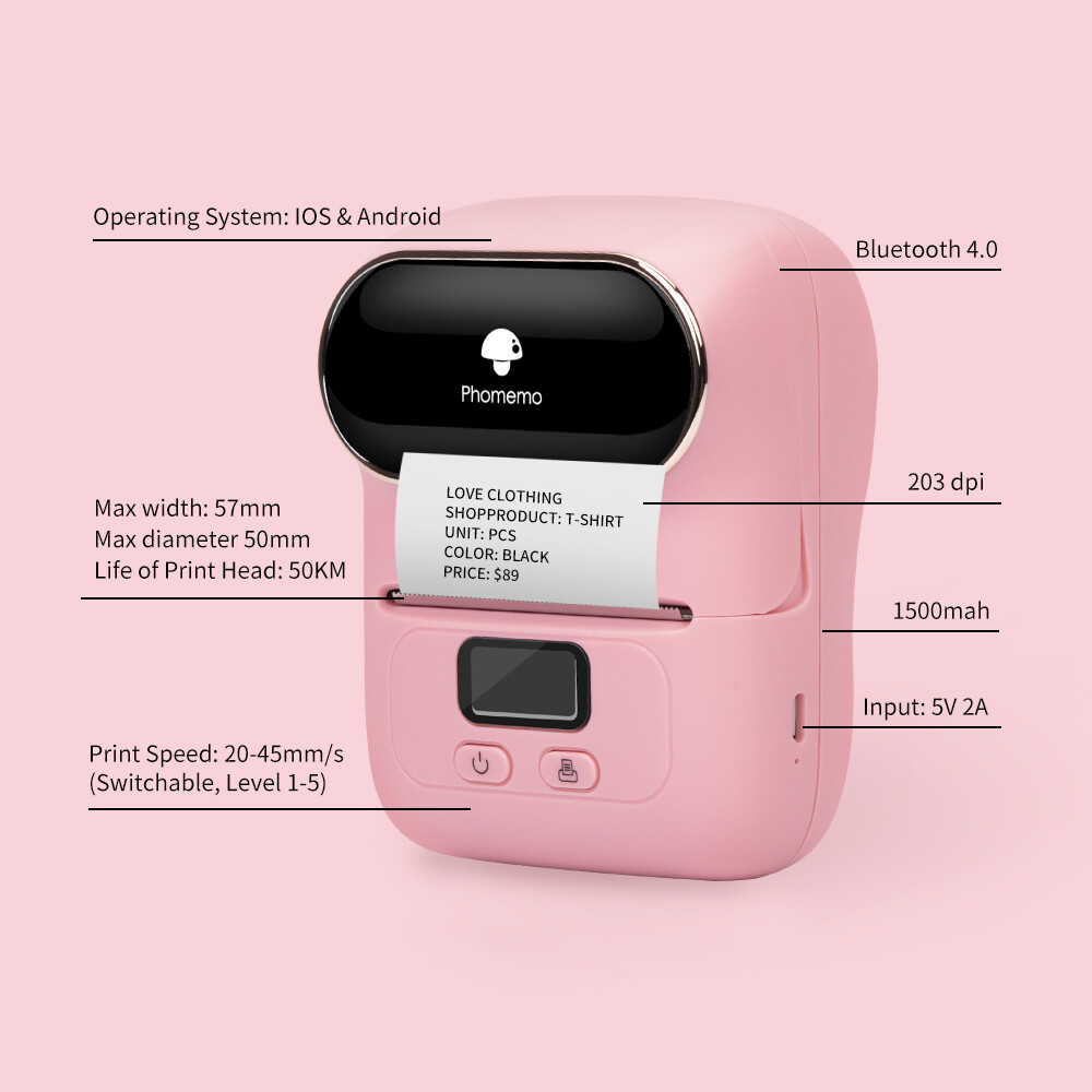Portable Barcode Printer Wireless Pocket Thermal Printer Label Receipt Printer