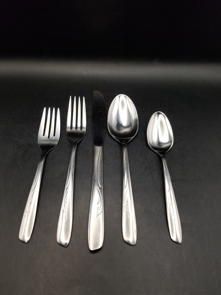 Vtg MCM 5 piece place set Onieda spring leaf silverware/ flatware