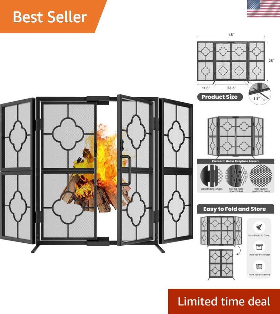 Adjustable 3-Panel Wrought Iron Fireplace Screen - Decorative Fire Guard 48"