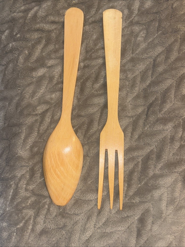 Hand Painted Wood Small Serving Fork & Spoon Set with Flowers & Plain Set 10”