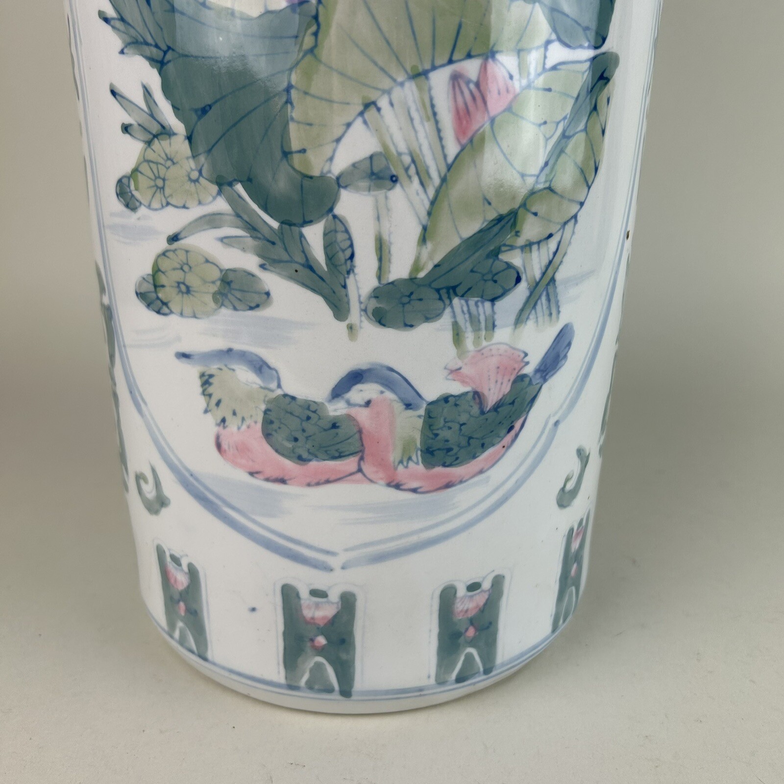 Vintage Ceramic Umbrella Stand 18” Asian Design Floral Birds Flowers
