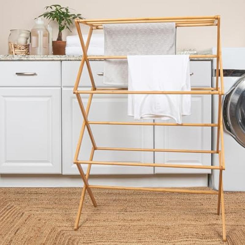 Bamboo Folding Clothes Drying Rack Eco-Friendly Space Saver Stable Frame New