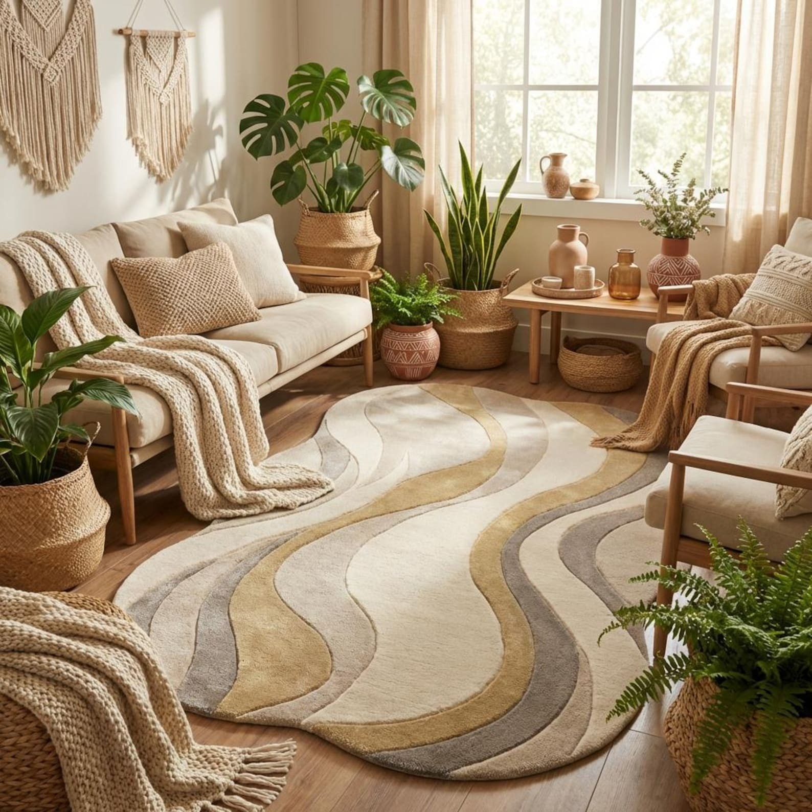 Modern Abstract Wave Rug Irregular Shape Neutral Tonal Beige Sculpted Rug 5x8