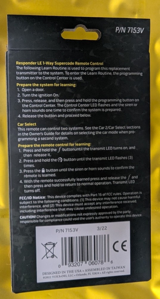 7153V VIPER Replacement Remote Control Transmitter (Also Replaces 7152V )