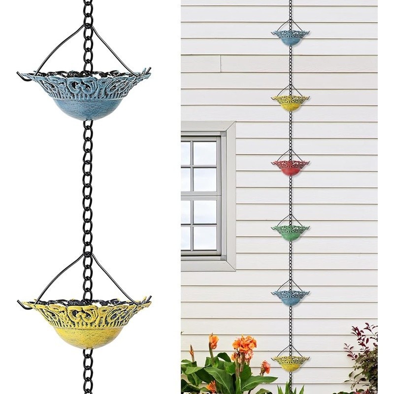Iron Rain Chain W/ Handcrafted Lotus Cups Decorative Drainage Solution New