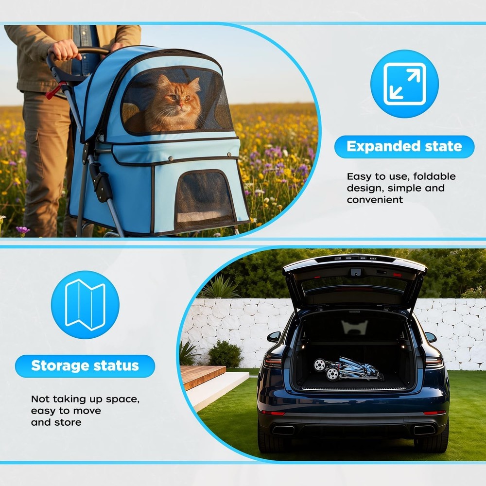 4-Wheel Pet Stroller - Blue Foldable Carrier with Cup Holder