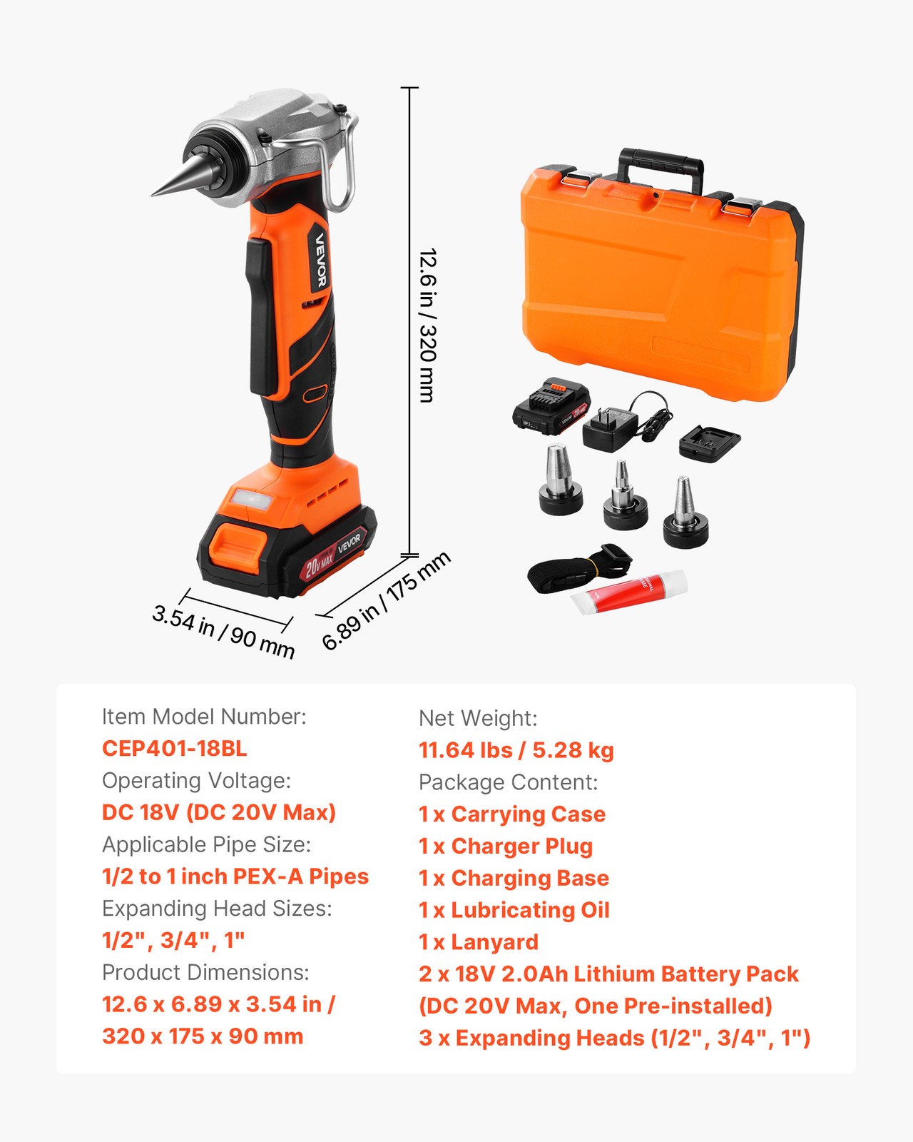 VEVOR Cordless Electric Tube Expander 20V Max for 1/2" 3/4" & 1" PEX-A Pipes