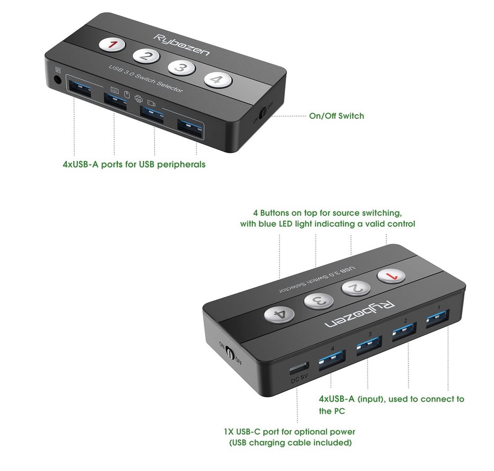 USB 3.0 Switch Selector, 4 Port KVM Switch USB Peripheral Switcher Box, 4 Comput