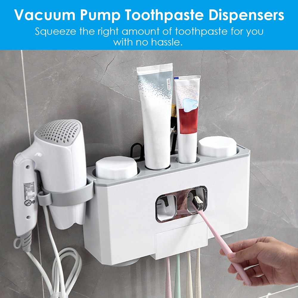 Toothbrush Holder Automatic Toothpaste Dispenser with 5 Toothbrush Slots 2 Cups