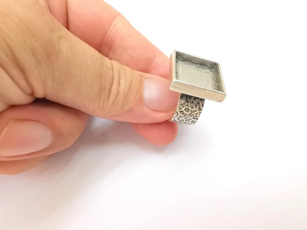 Square Antique Silver Ring Blank Settings, Cabochon Mounting Adjustable Resin